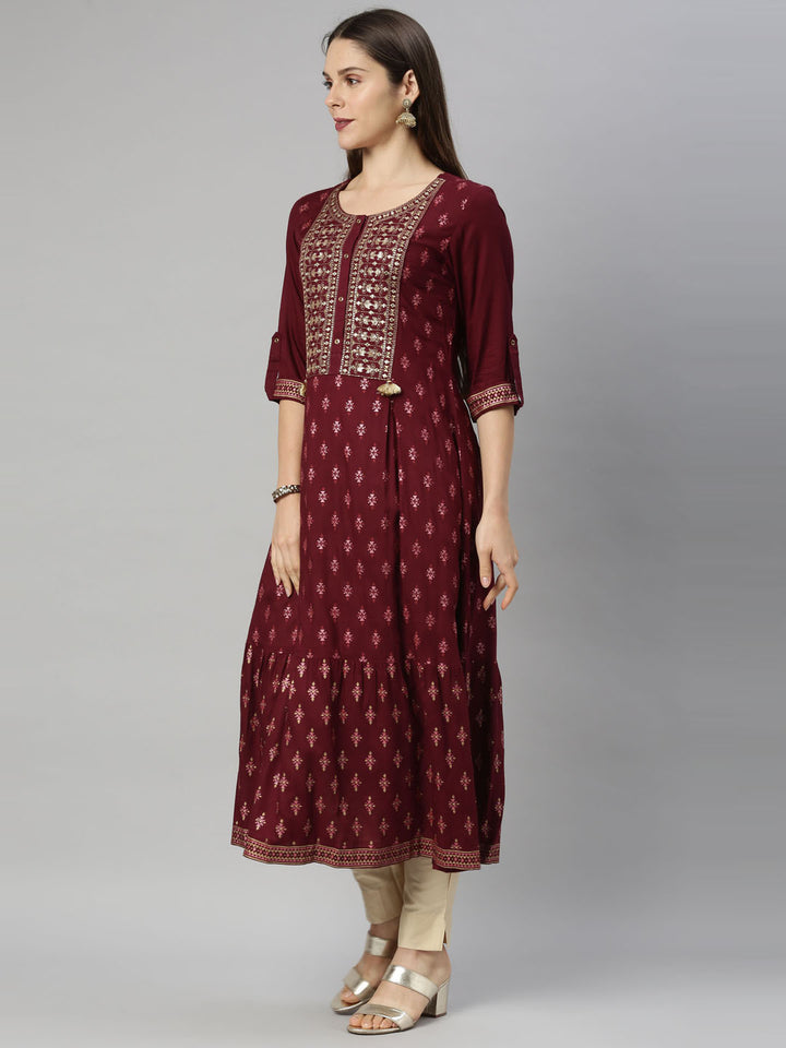 Neerus Maroon Color Slub Riyon Fabric Tunic