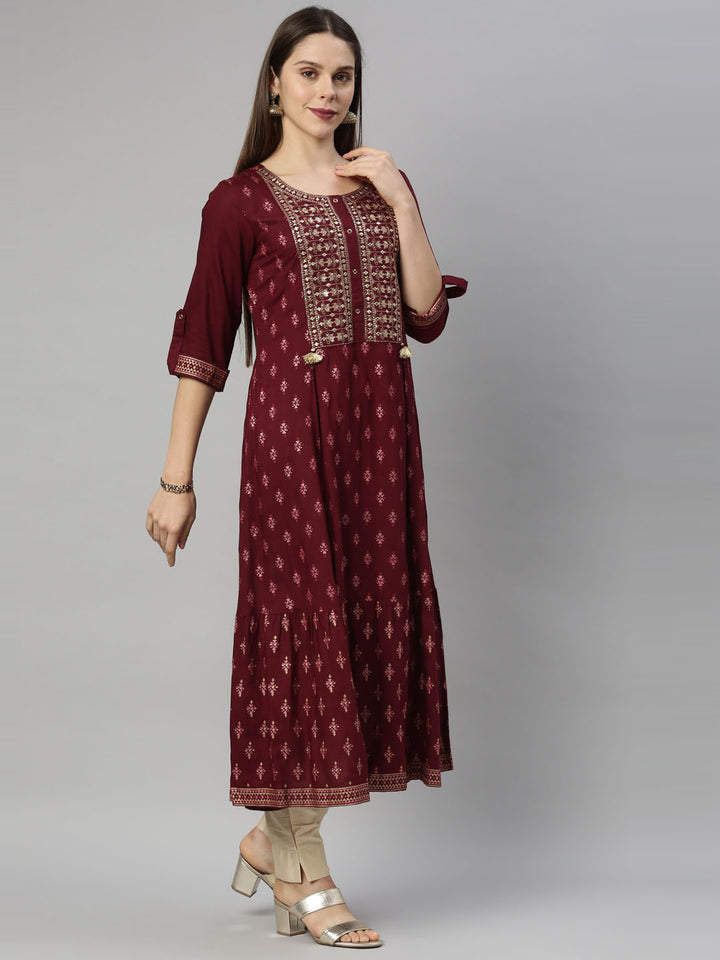 Neerus Maroon Color Slub Riyon Fabric Tunic