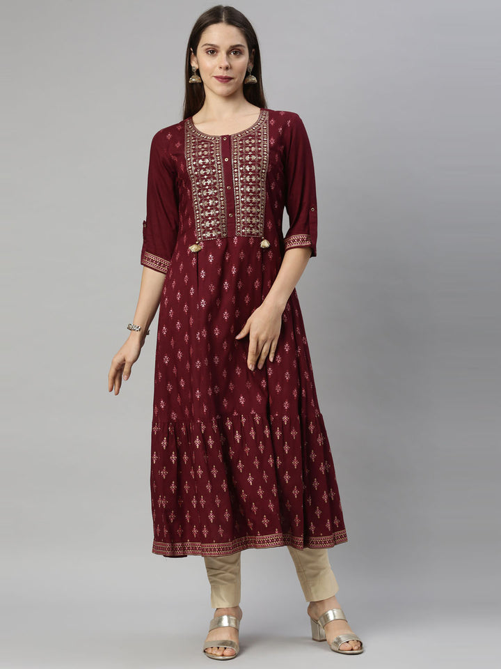 Neerus Maroon Color Slub Riyon Fabric Tunic