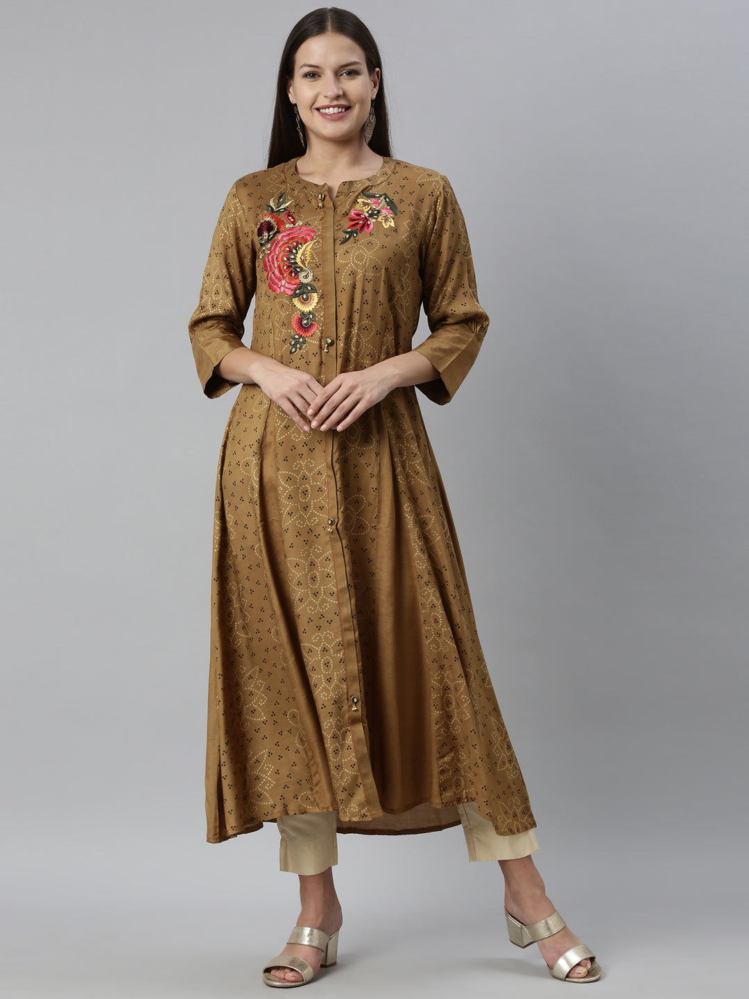 Neerus Brown Color Santoon Fabric Kurta