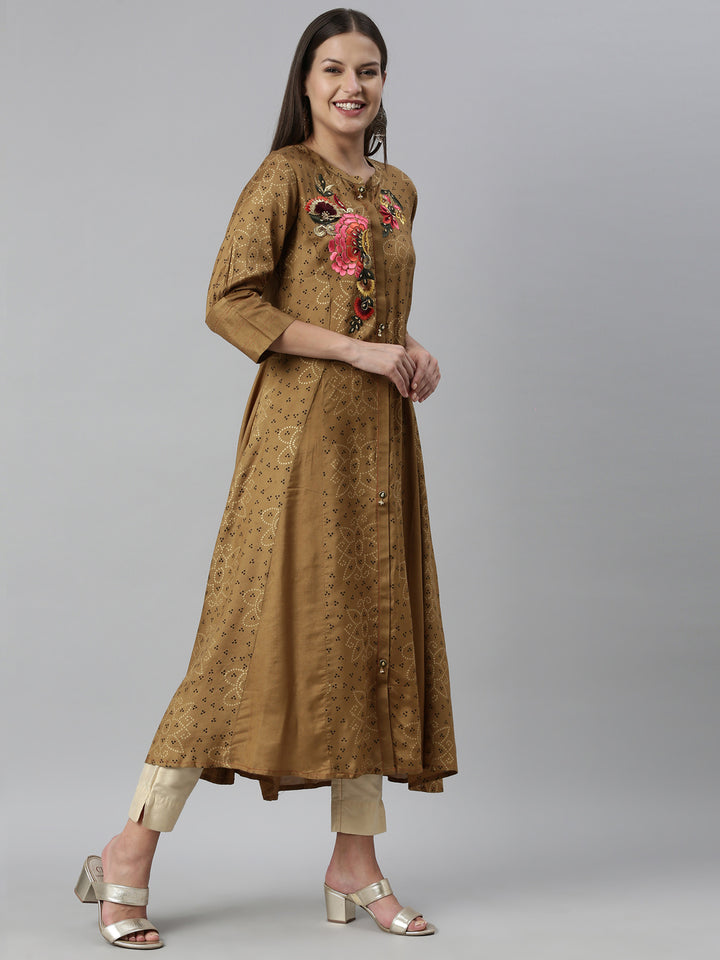 Neerus Brown Color Santoon Fabric Kurta