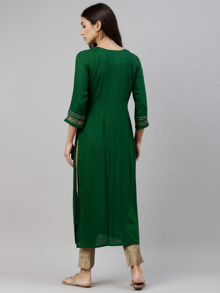 Neerus Bottle Green Color Slub Rayon Fabric Tunic