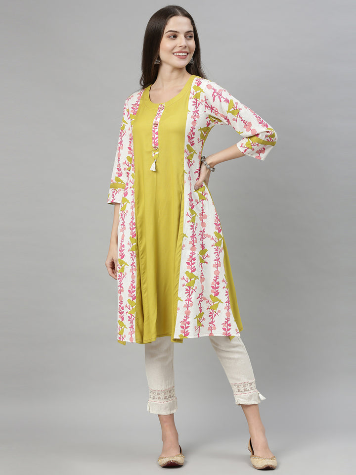 Neerus Yellow Printed A Line Kurta