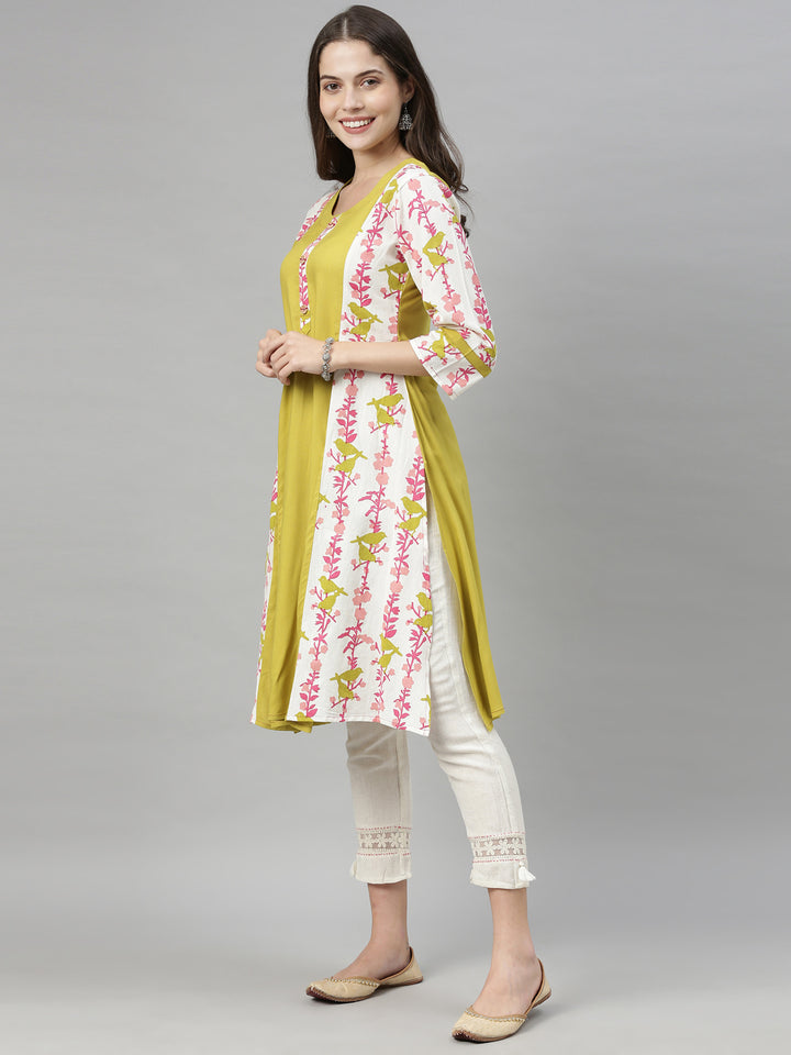 Neerus Yellow Printed A Line Kurta