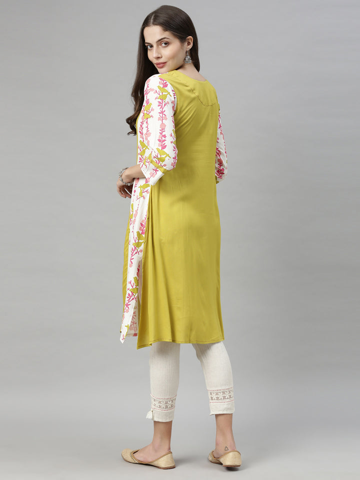 Neerus Yellow Printed A Line Kurta