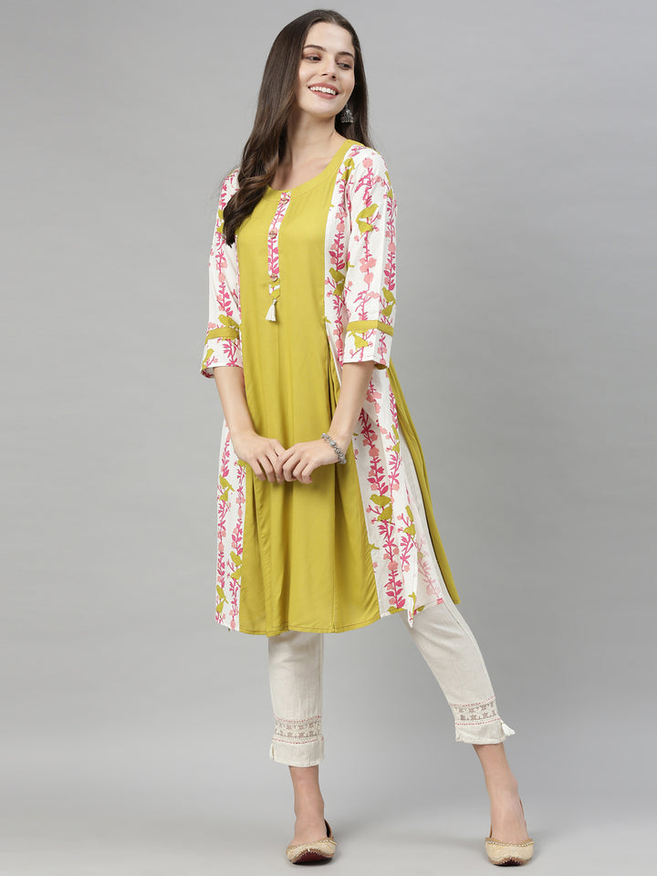 Neerus Yellow Printed A Line Kurta