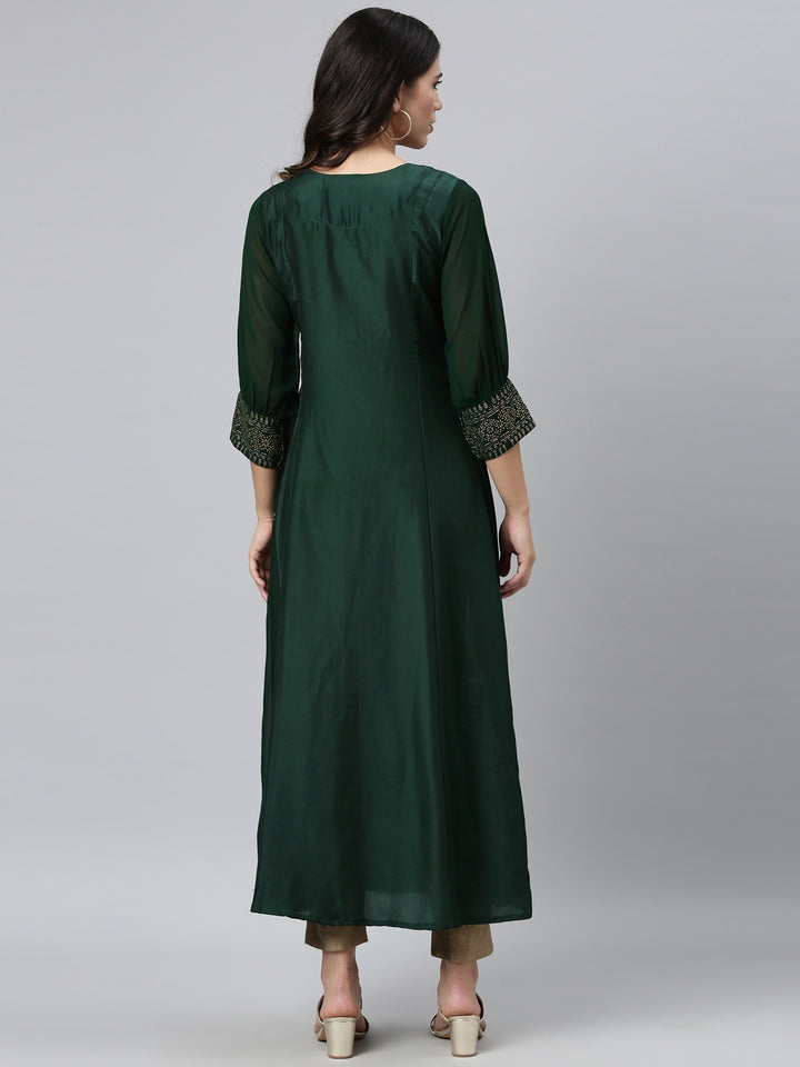 Neerus Green georgette thread embroidered flared kurti - side view