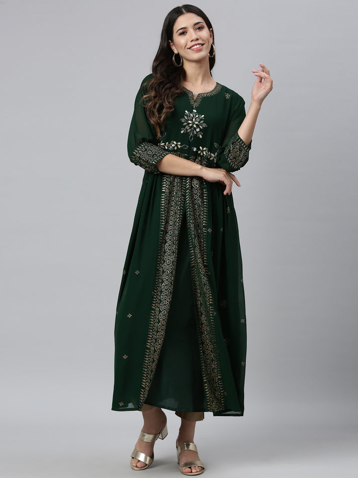 Neerus Green georgette thread embroidered flared kurti - detail view 2