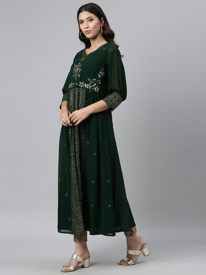 Neerus Green georgette thread embroidered flared kurti - detail view 3
