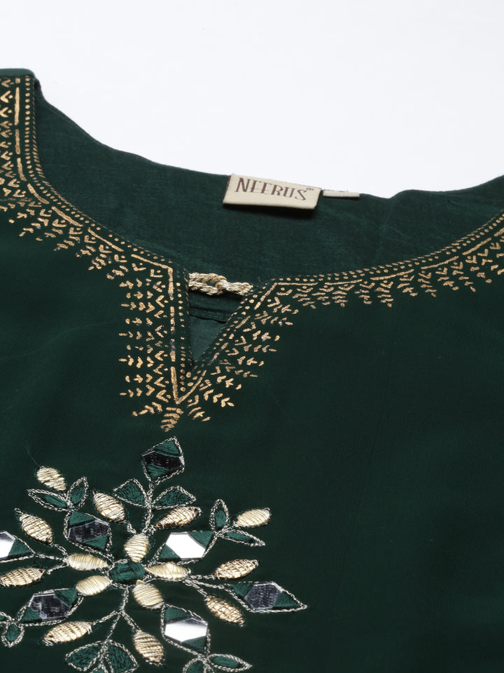 Neerus Green georgette thread embroidered flared kurti - detail view 5