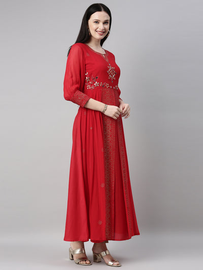Neerus Red Straight Casual Embellished Gown