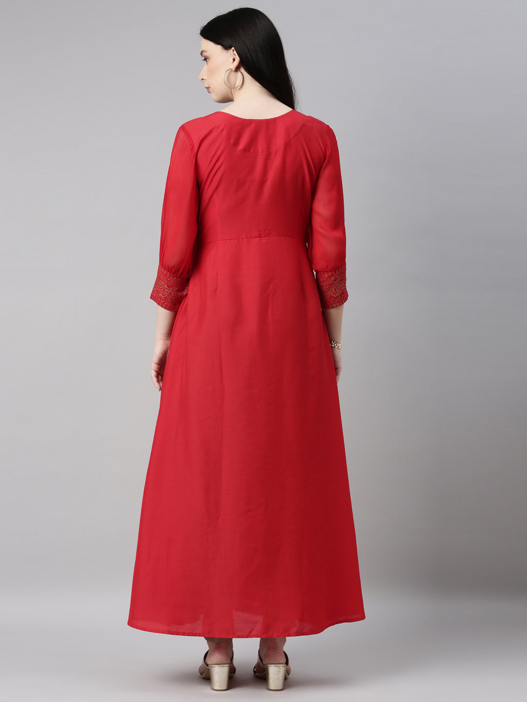 Neerus Red Straight Casual Embellished Gown