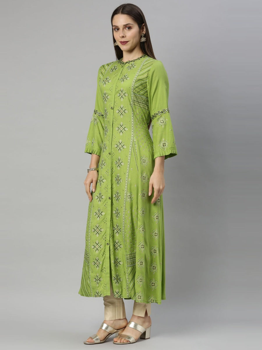 Neeru's Green Straight Casual Printed Gown