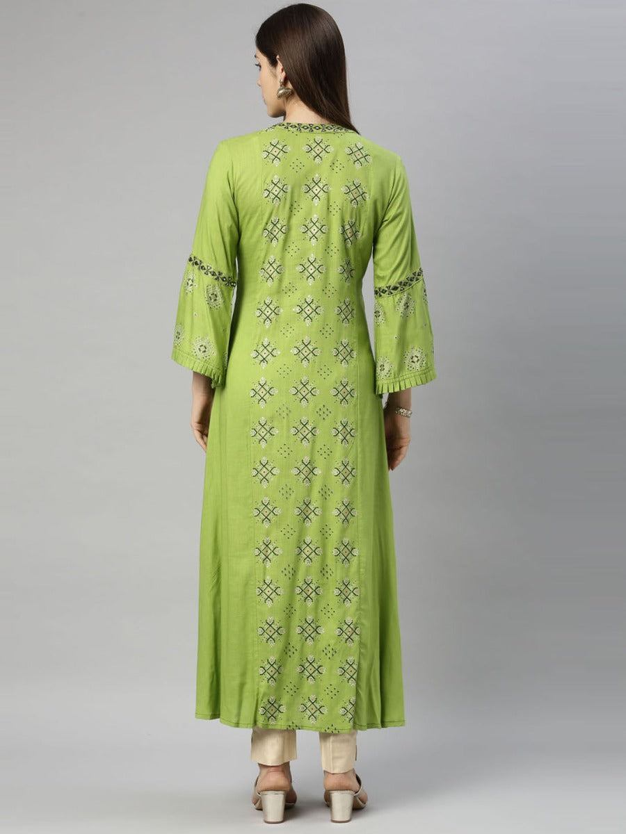 Neerus Green slub cotton printed straight dress - side view