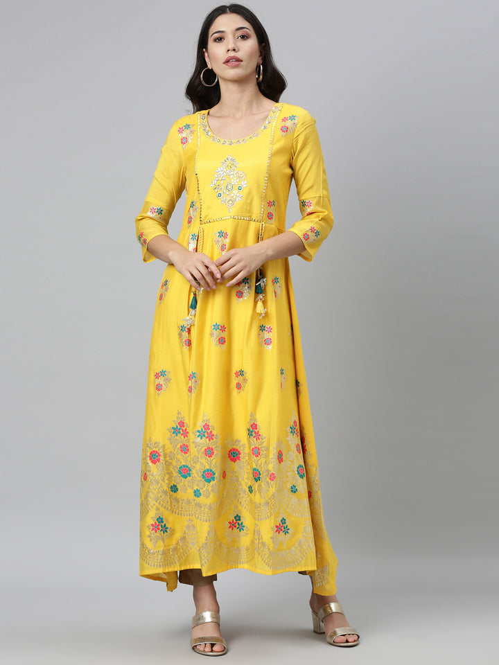 Neerus Yellow Colour Dress Chanderi Fabric Kurta