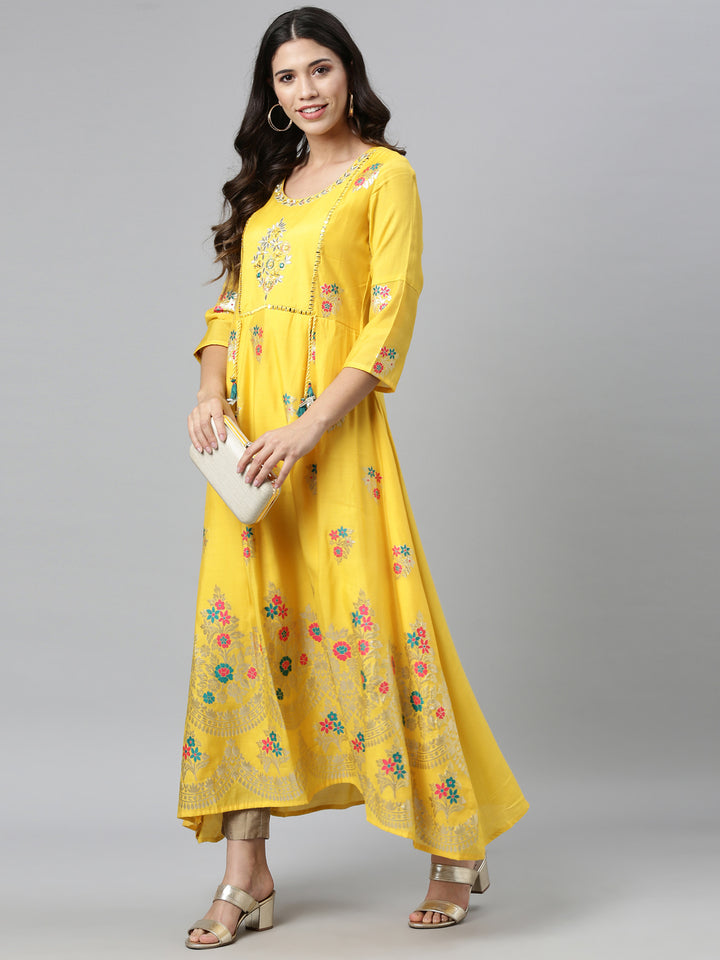 Neerus Yellow Colour Dress Chanderi Fabric Kurta
