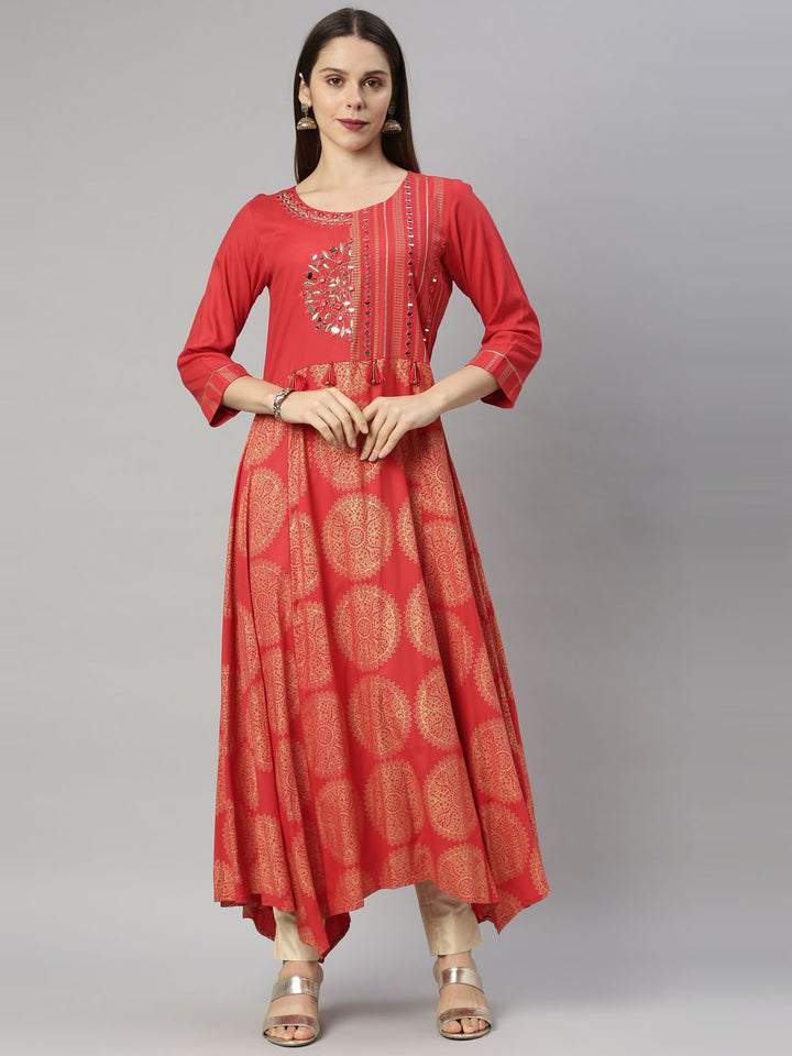 Neerus Red Color Rayon Fabric Tunic