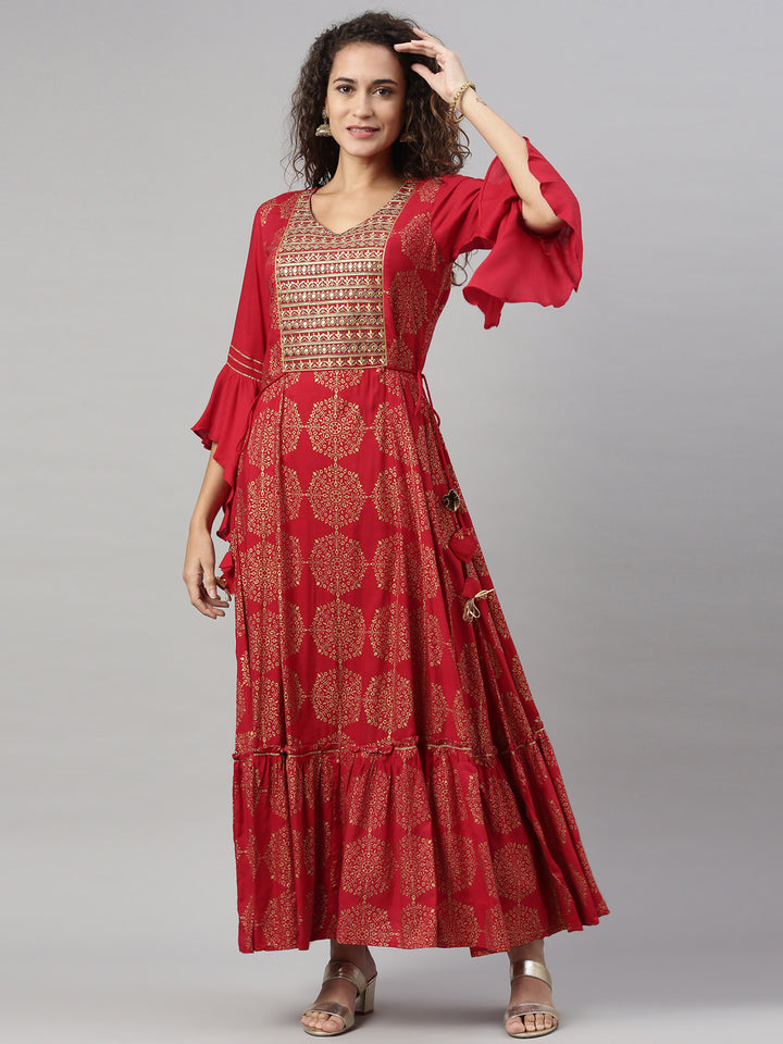 Neerus Maroon Color Slub Rayon Fabric Kurta