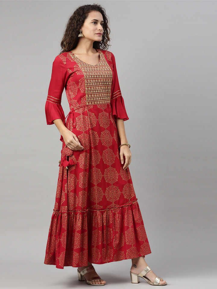 Neerus Maroon Color Slub Rayon Fabric Kurta