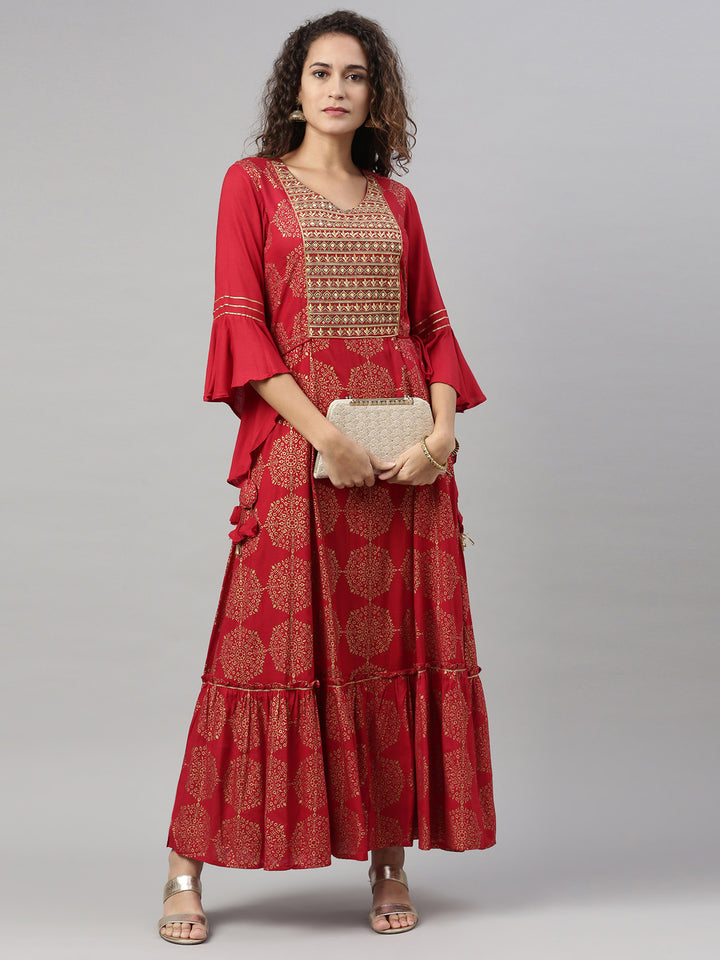 Neerus Maroon Color Slub Rayon Fabric Kurta