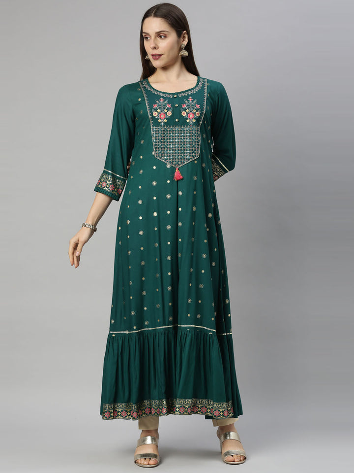 Neerus Green Chanderi straight kurti - front view