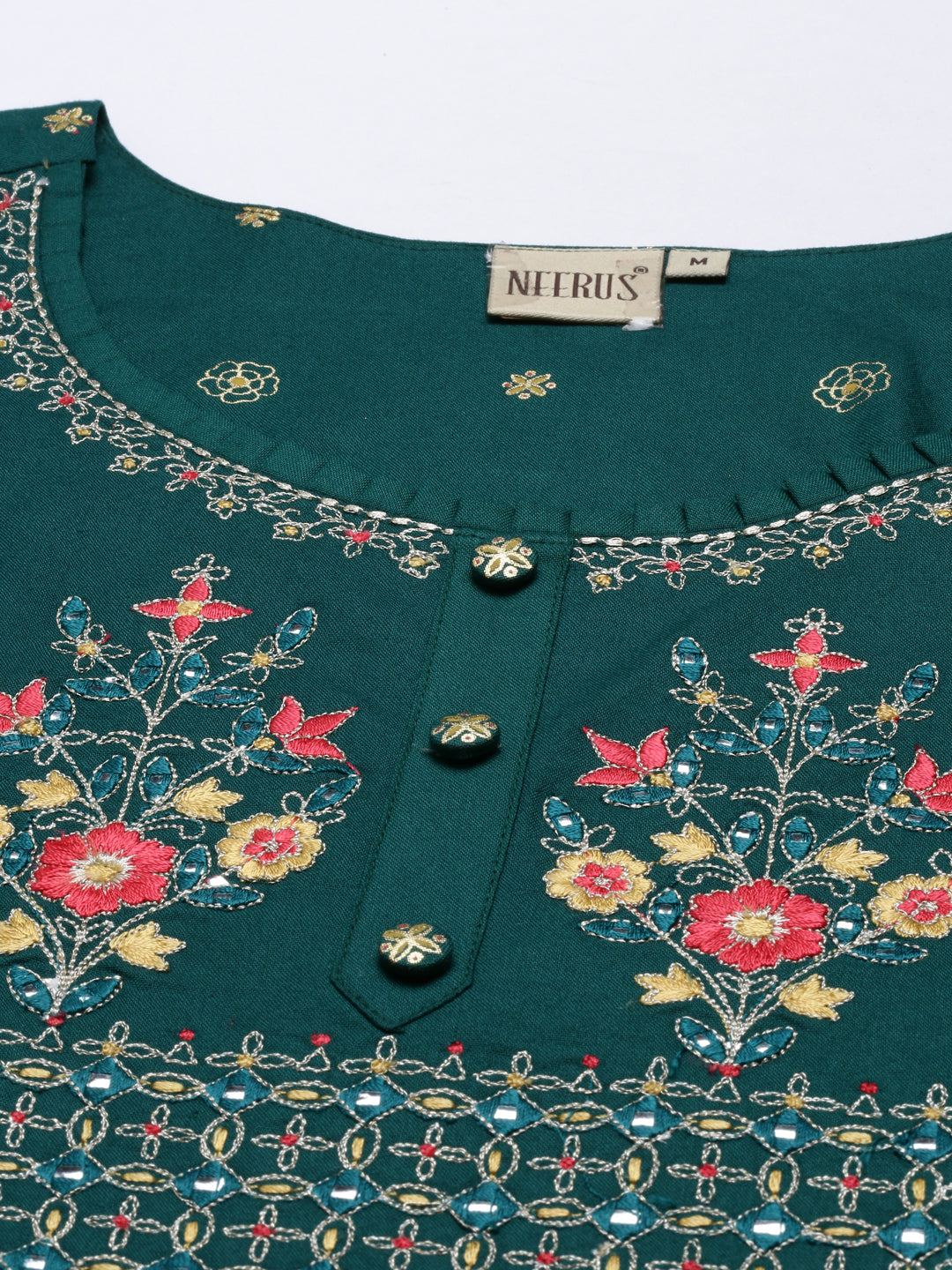 Neerus Green Chanderi straight kurti - back view