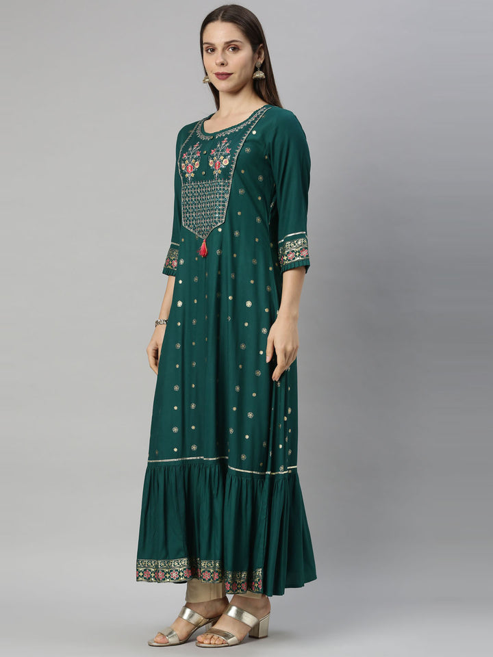 Neerus Green Chanderi straight kurti - detail view 1