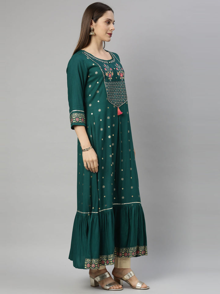 Neerus Green Chanderi straight kurti - detail view 3