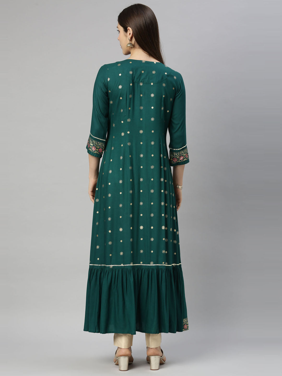Neerus Green Chanderi straight kurti - detail view 4