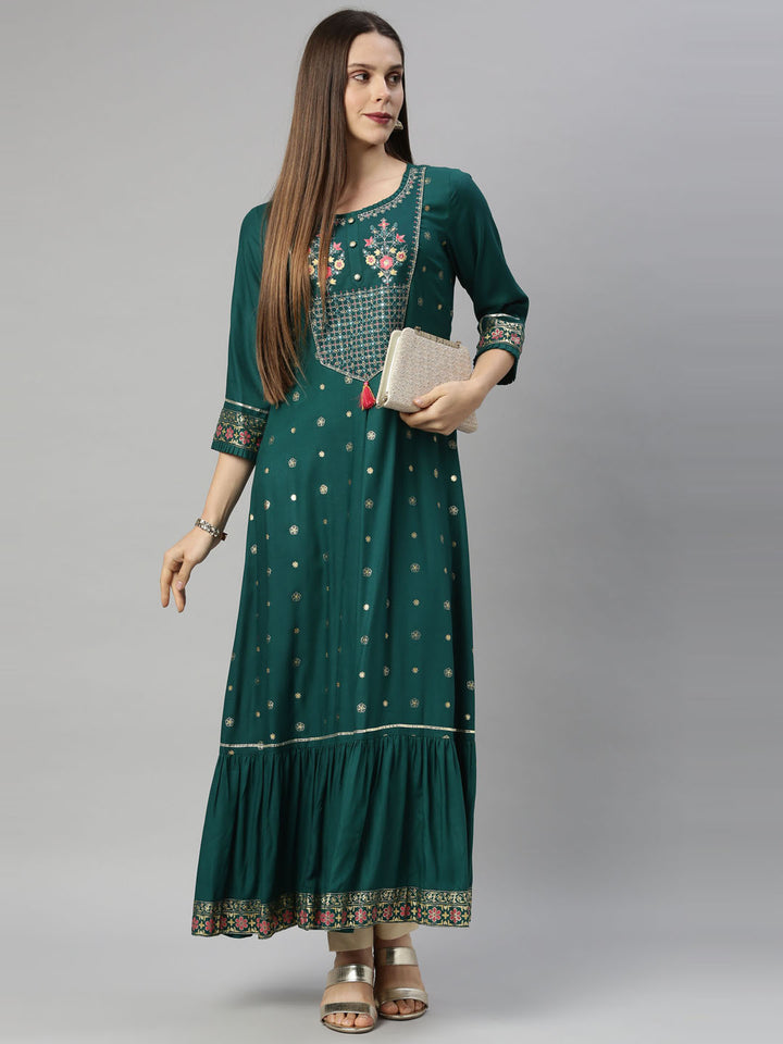 Neerus Green Chanderi straight kurti - detail view 5