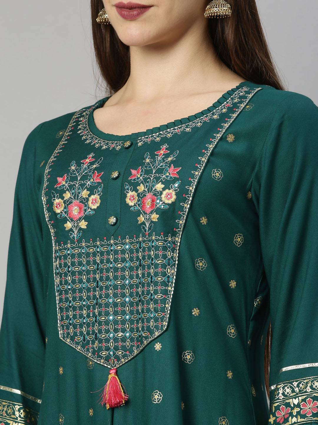Neerus Green Chanderi straight kurti - detail view 2
