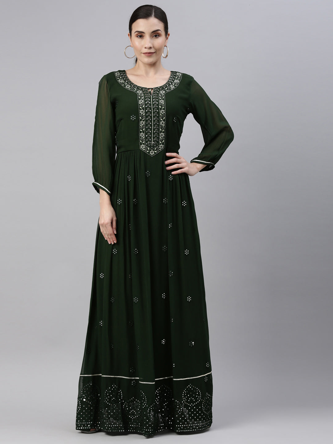 Neerus Green Color Georgette Fabric Kurta