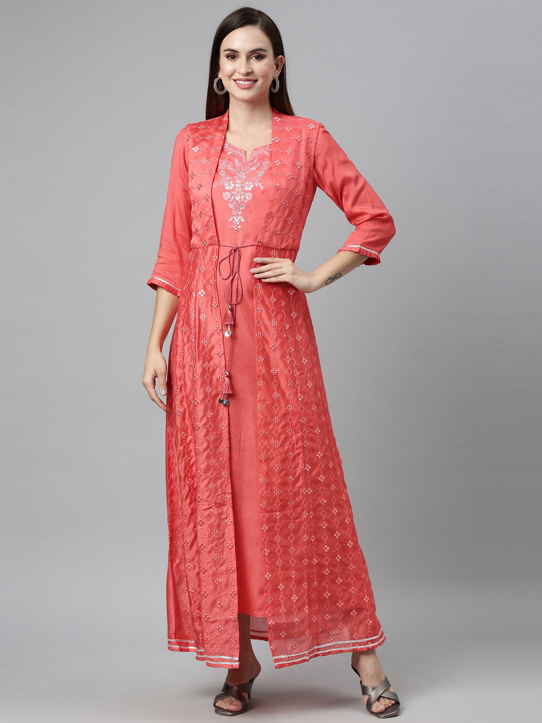 Neerus Pink Chanderi printed maxi kurti - detail view 4