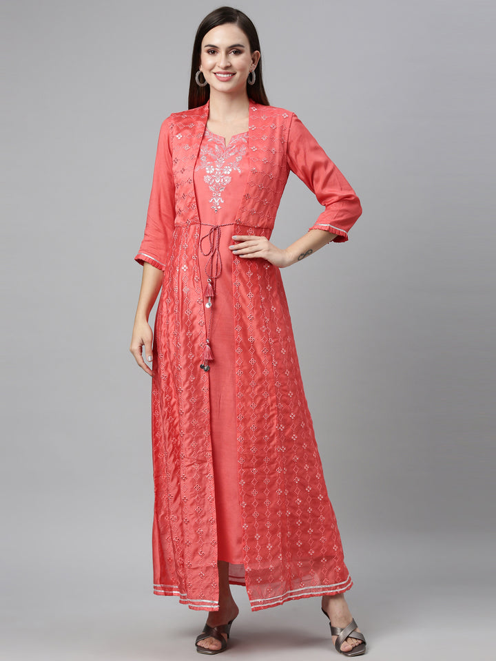 Neerus Pink Chanderi printed maxi kurti - detail view 4