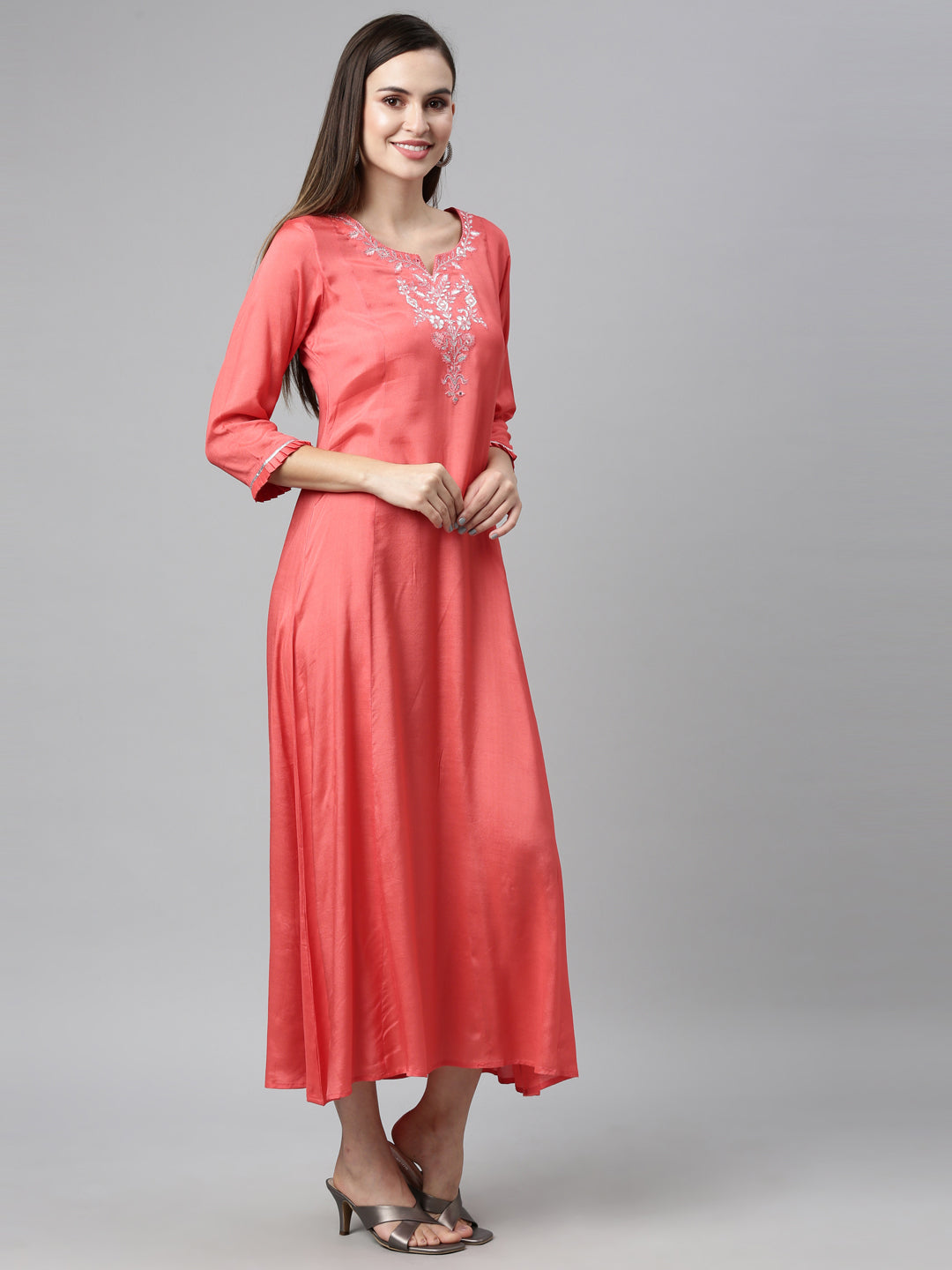 Neerus Pink Chanderi printed maxi kurti - front view