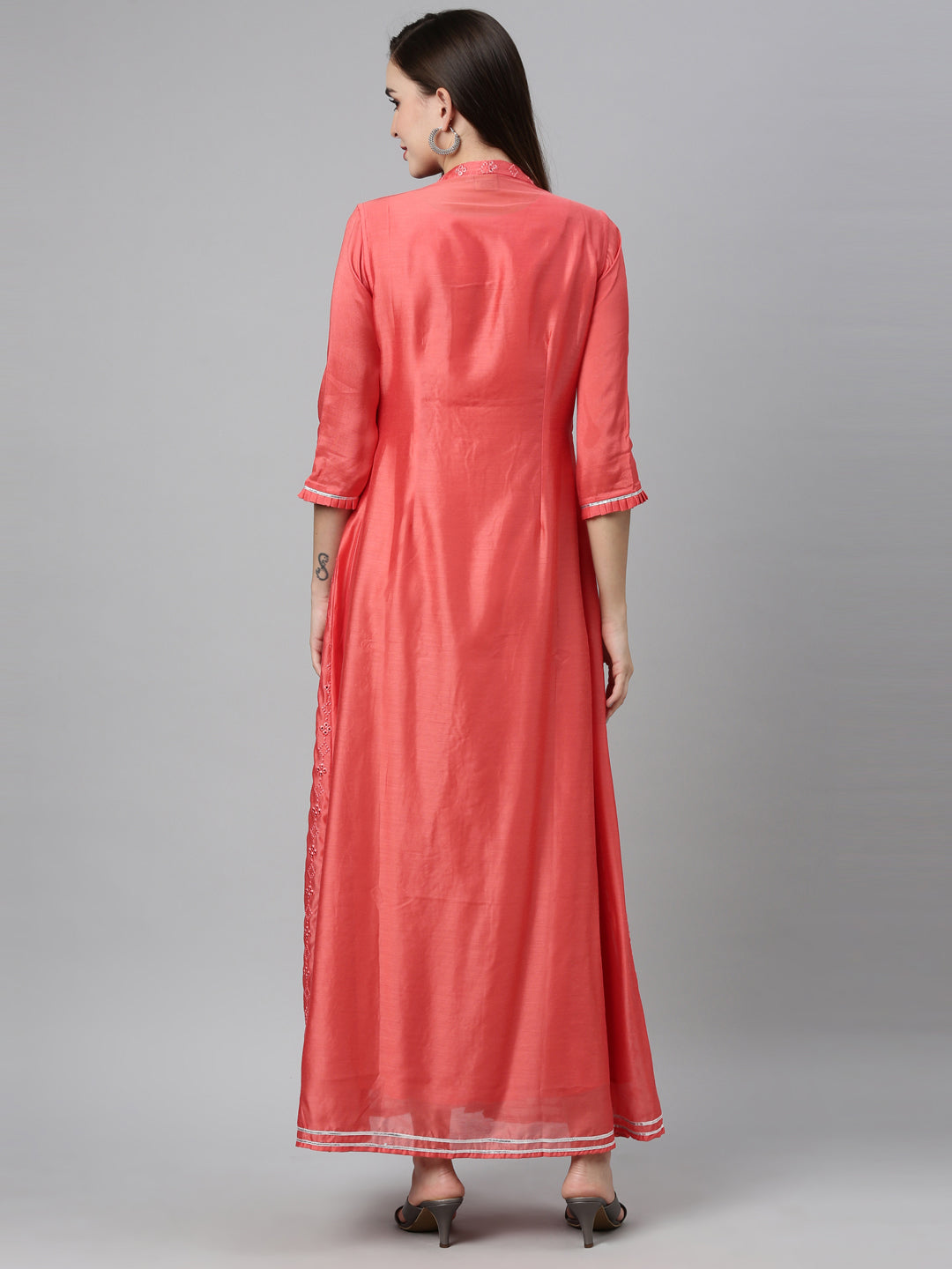 Neerus Pink Chanderi printed maxi kurti - back view