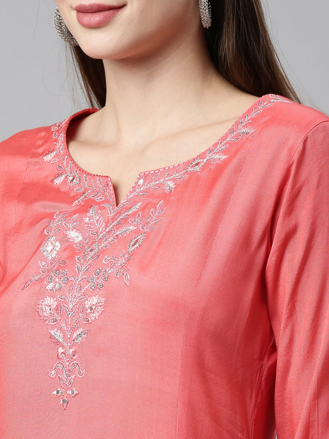 Neerus Pink Chanderi printed maxi kurti - side view