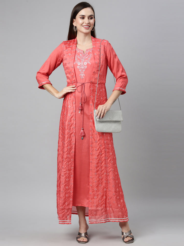 Neerus Pink Chanderi printed maxi kurti - detail view 1