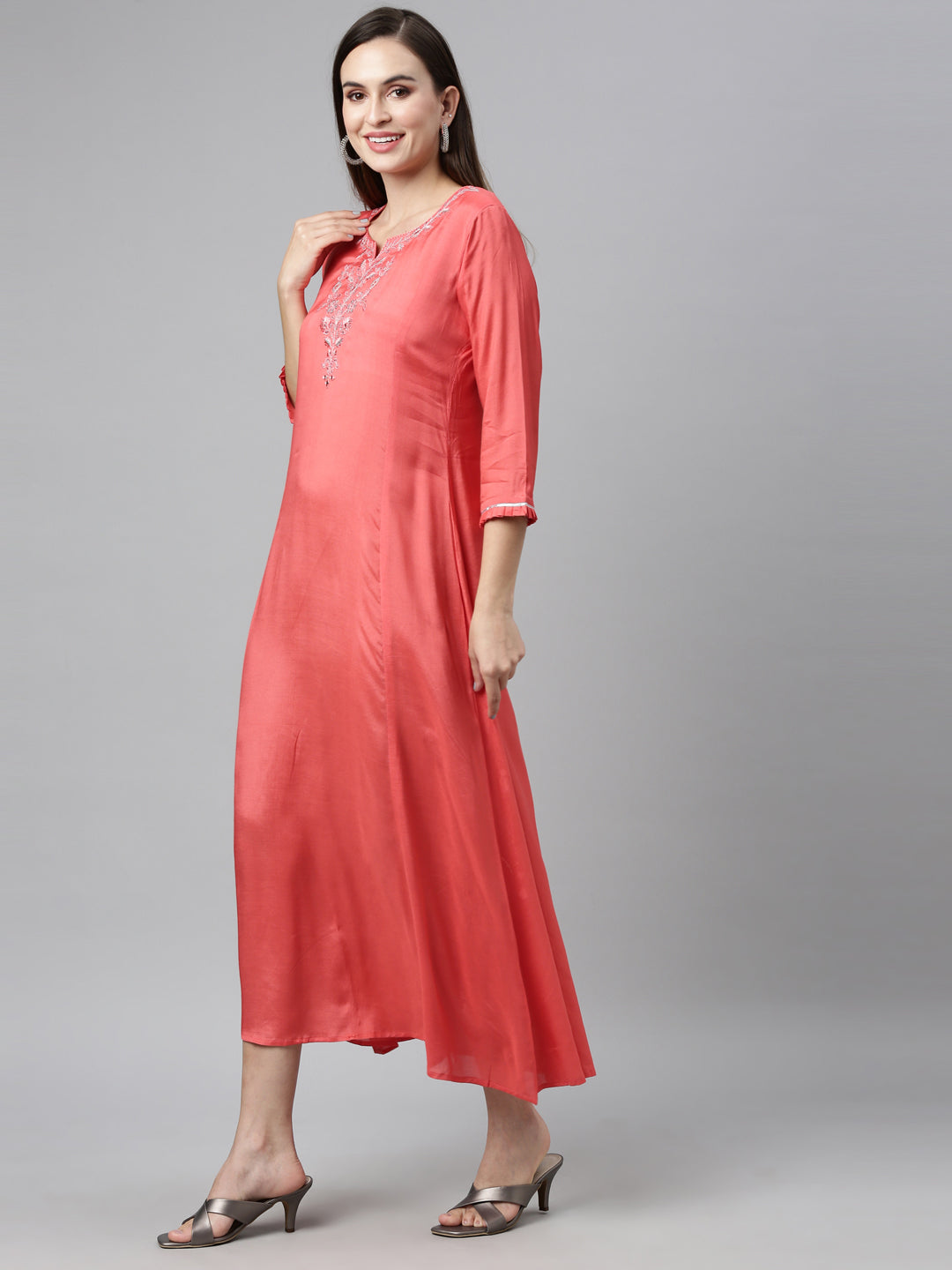Neerus Pink Chanderi printed maxi kurti - detail view 2