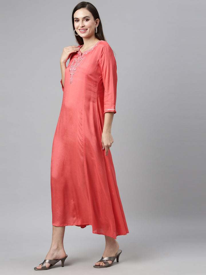 Neerus Pink Chanderi printed maxi kurti - detail view 2