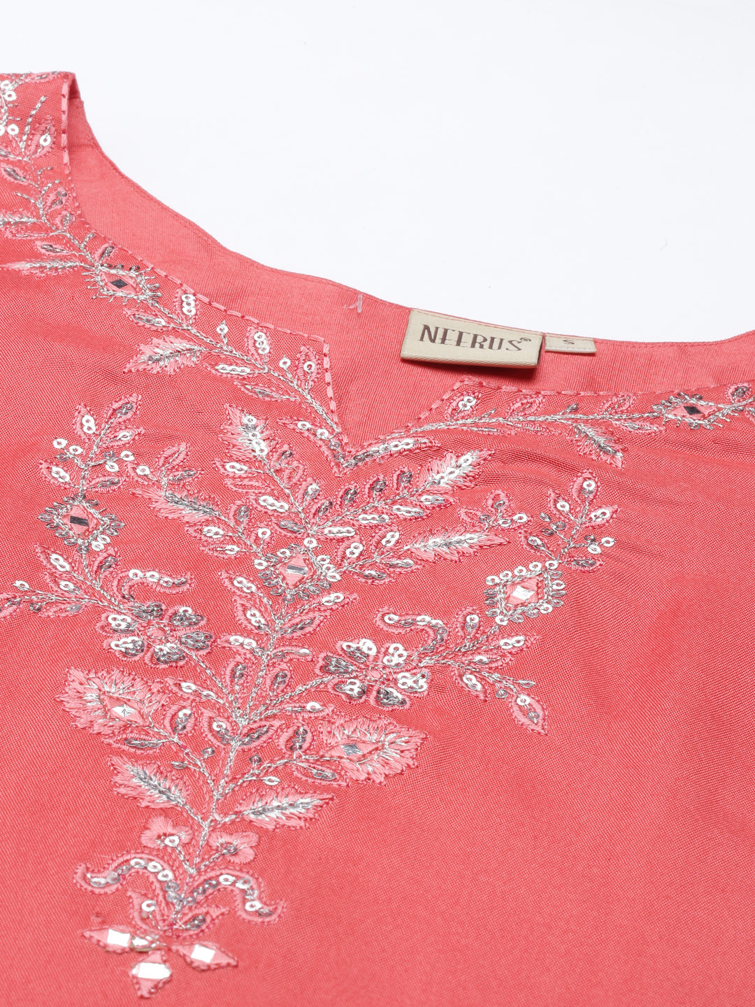 Neerus Pink Chanderi printed maxi kurti - detail view 3