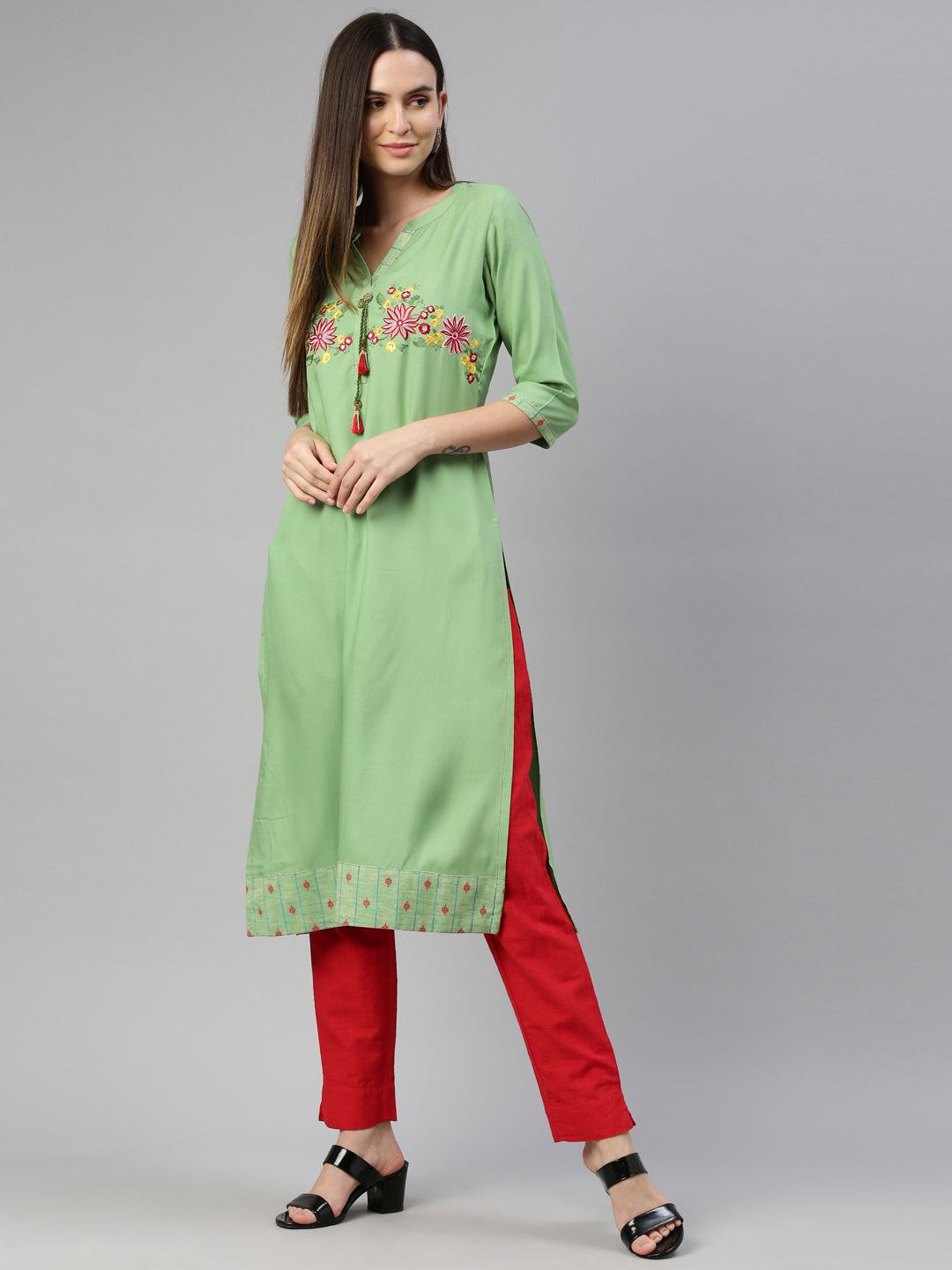 Neeru'S Pista Green Color Rayon Fabric Kurta