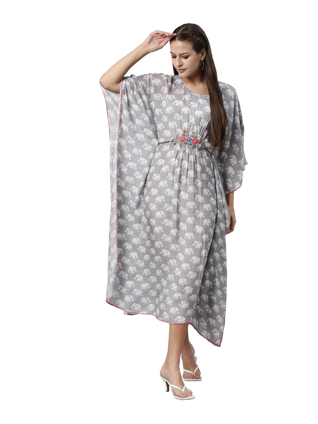 Neerus Grey muslin woven kaftan kurti - detail view 3