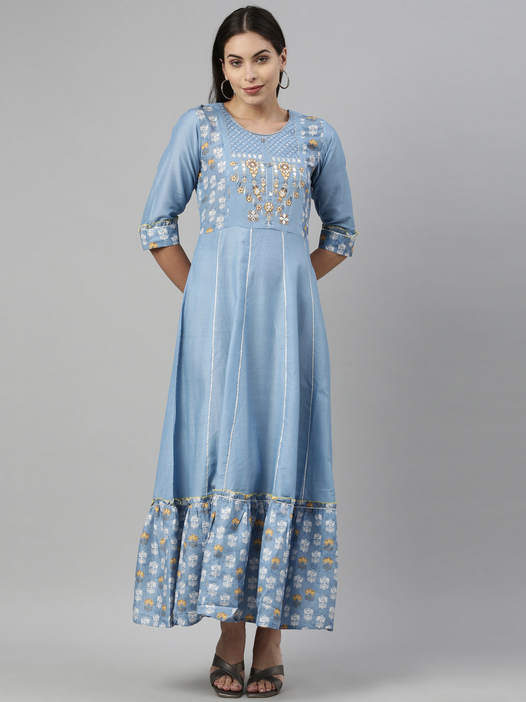 Neerus Blue muslin embroidered anarkali kurta - front view