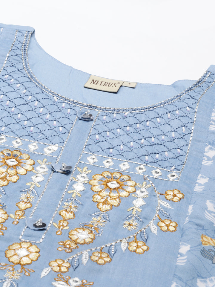 Neerus Blue muslin embroidered anarkali kurta - detail view 5