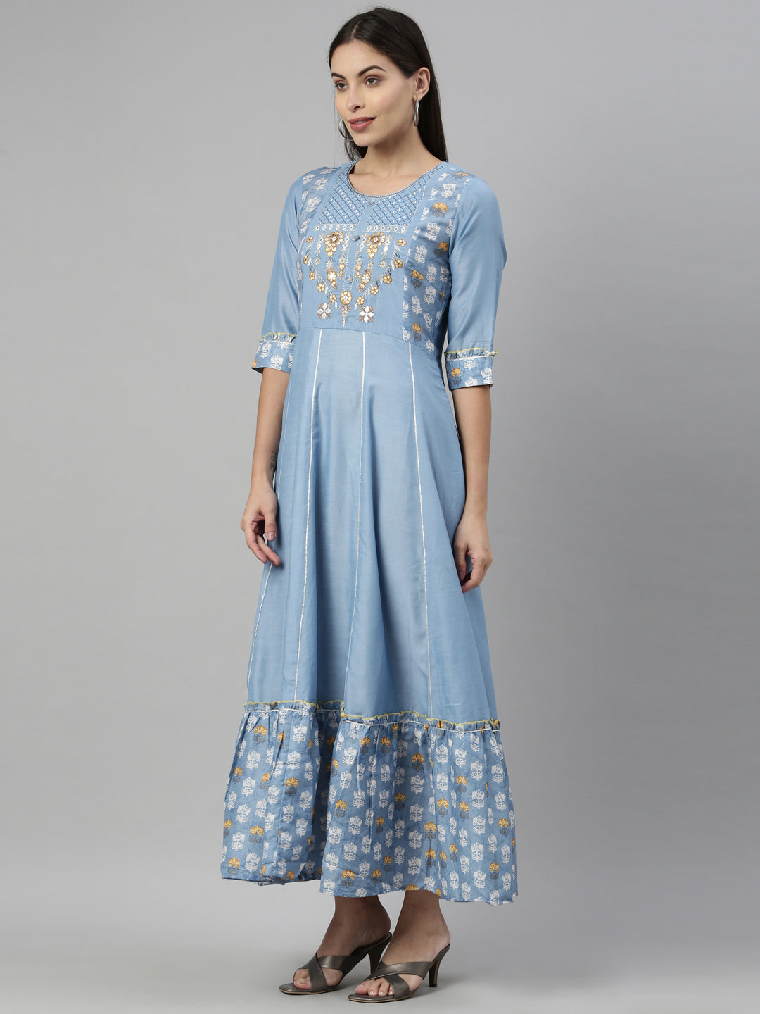 Neerus Blue muslin embroidered anarkali kurta - back view