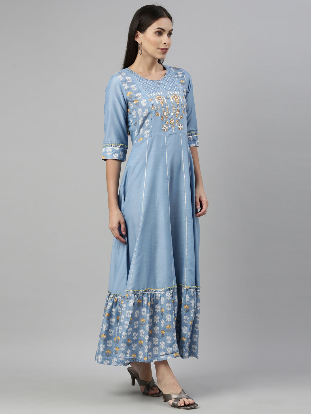 Neerus Blue muslin embroidered anarkali kurta - side view