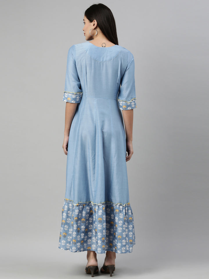 Neerus Blue muslin embroidered anarkali kurta - detail view 1
