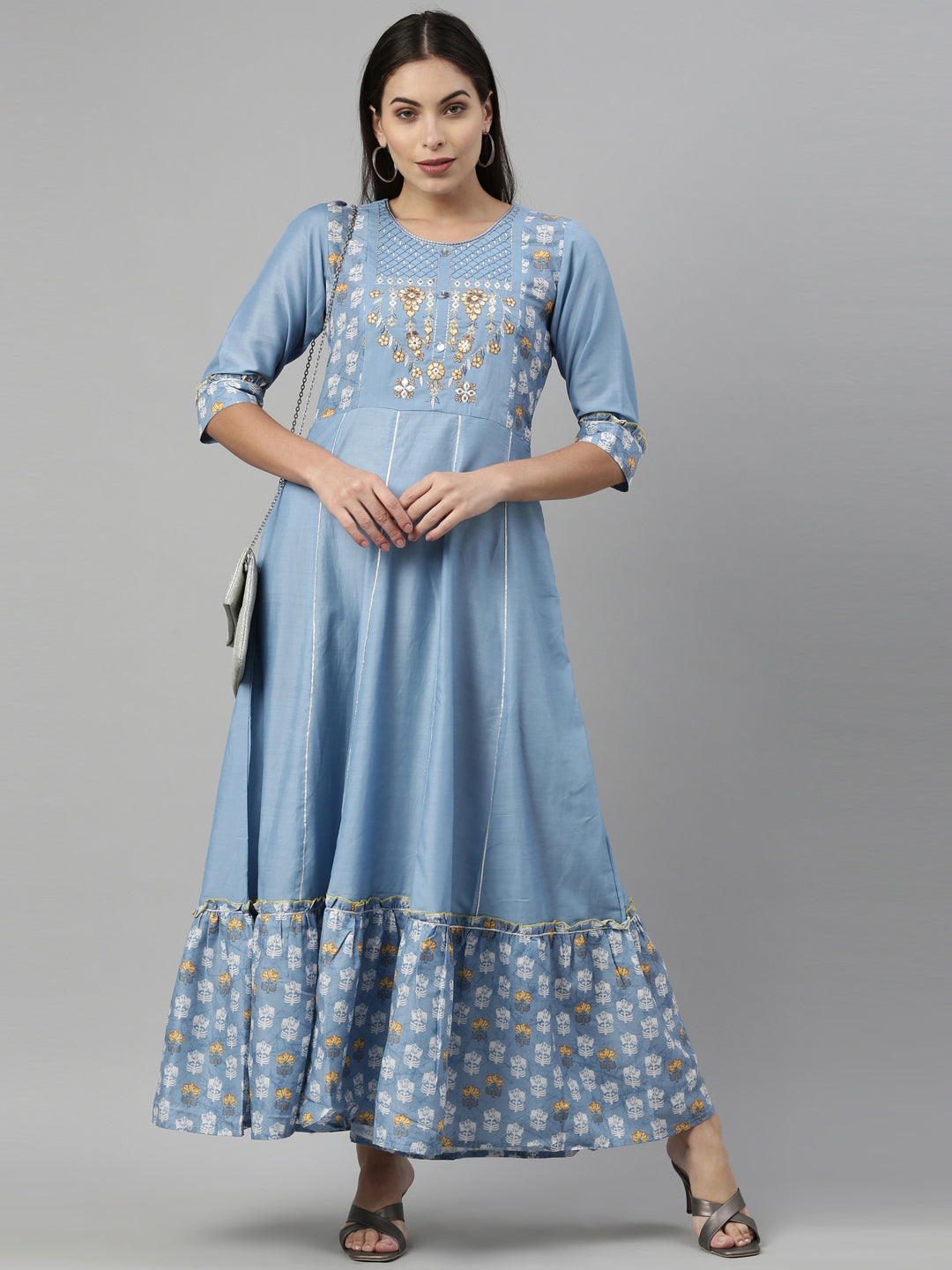 Neerus Blue muslin embroidered anarkali kurta - detail view 2