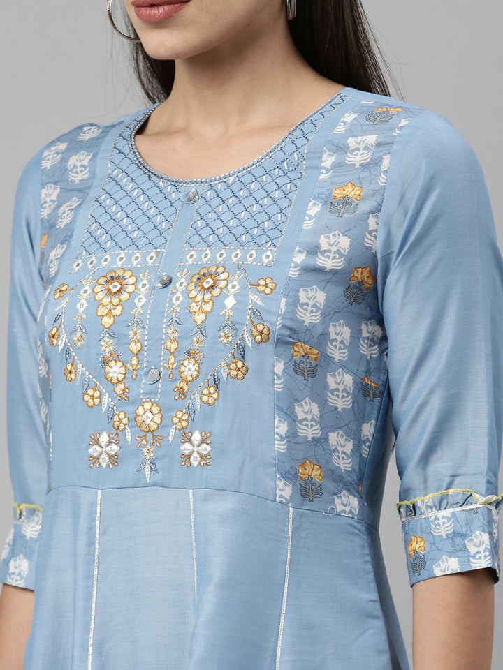 Neerus Blue muslin embroidered anarkali kurta - detail view 4
